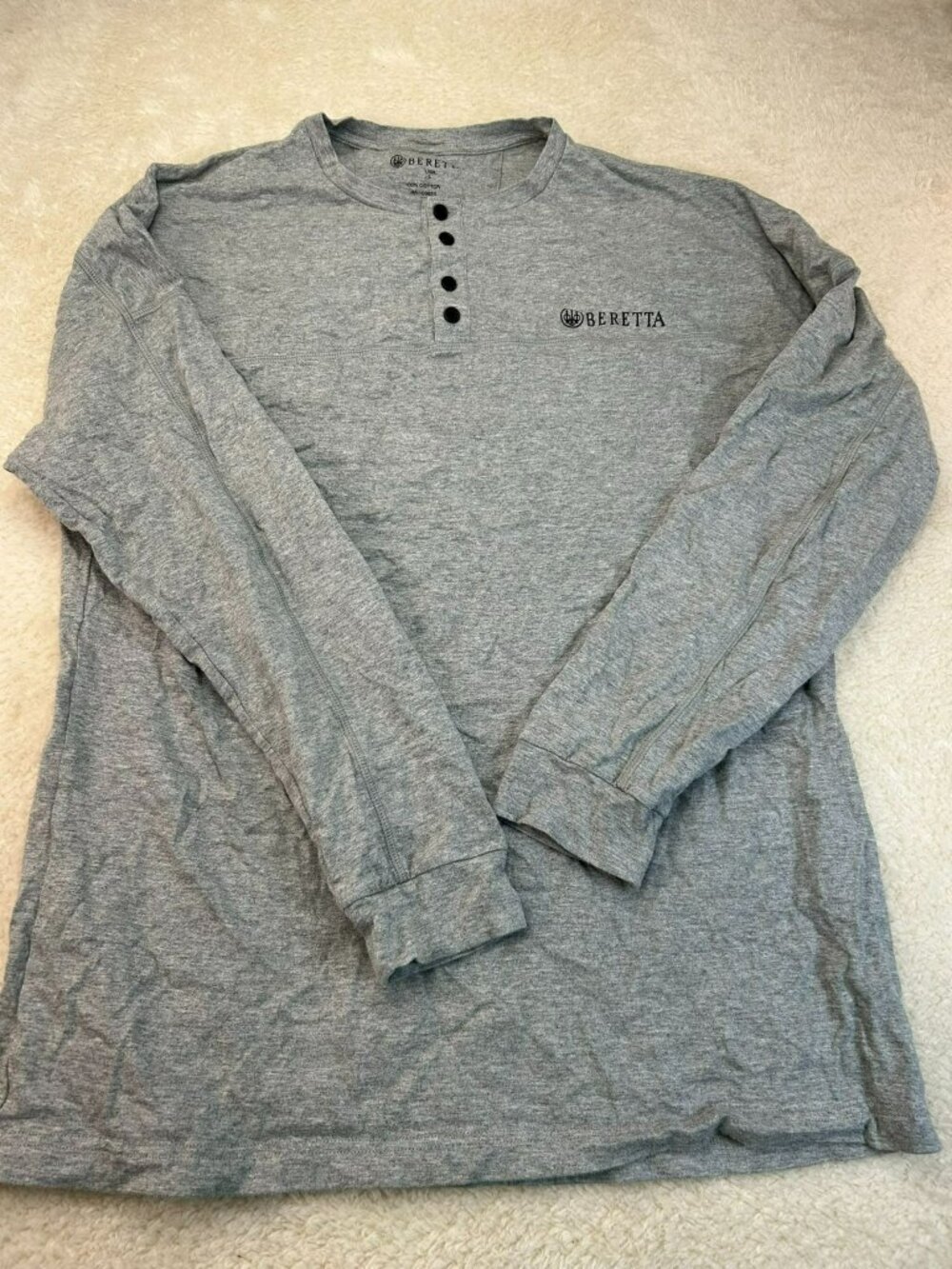 Beretta Mens Henley Shirt Gray L 100% Cotton Long Sleeve Casual Lightweight Pre-